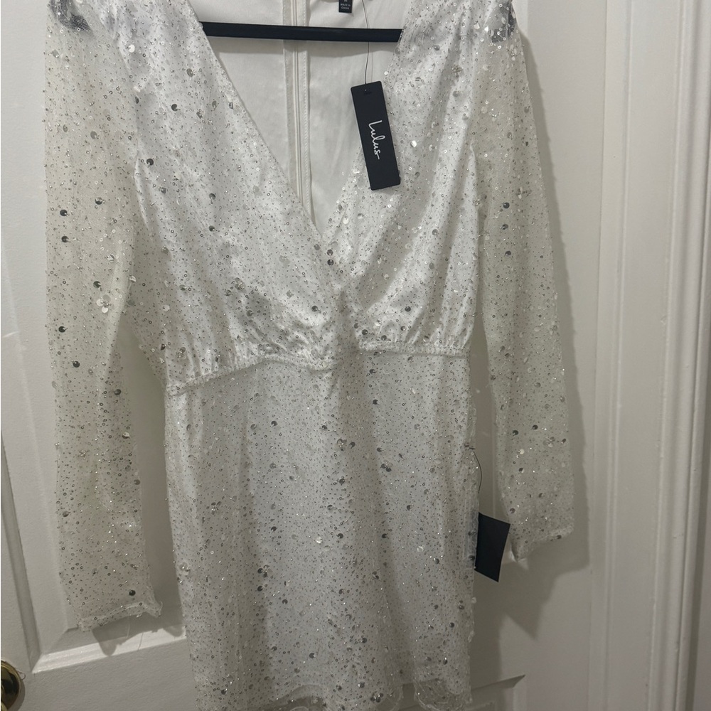 Lulu’s White Sequin V-Neck Dress